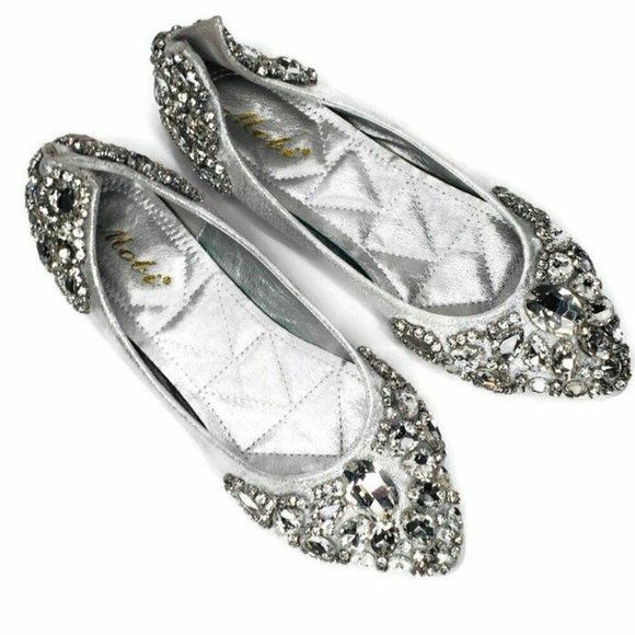 MOBI Shoes - Mobi Chunky Rhinestone Silver Metallic Ballet Fl